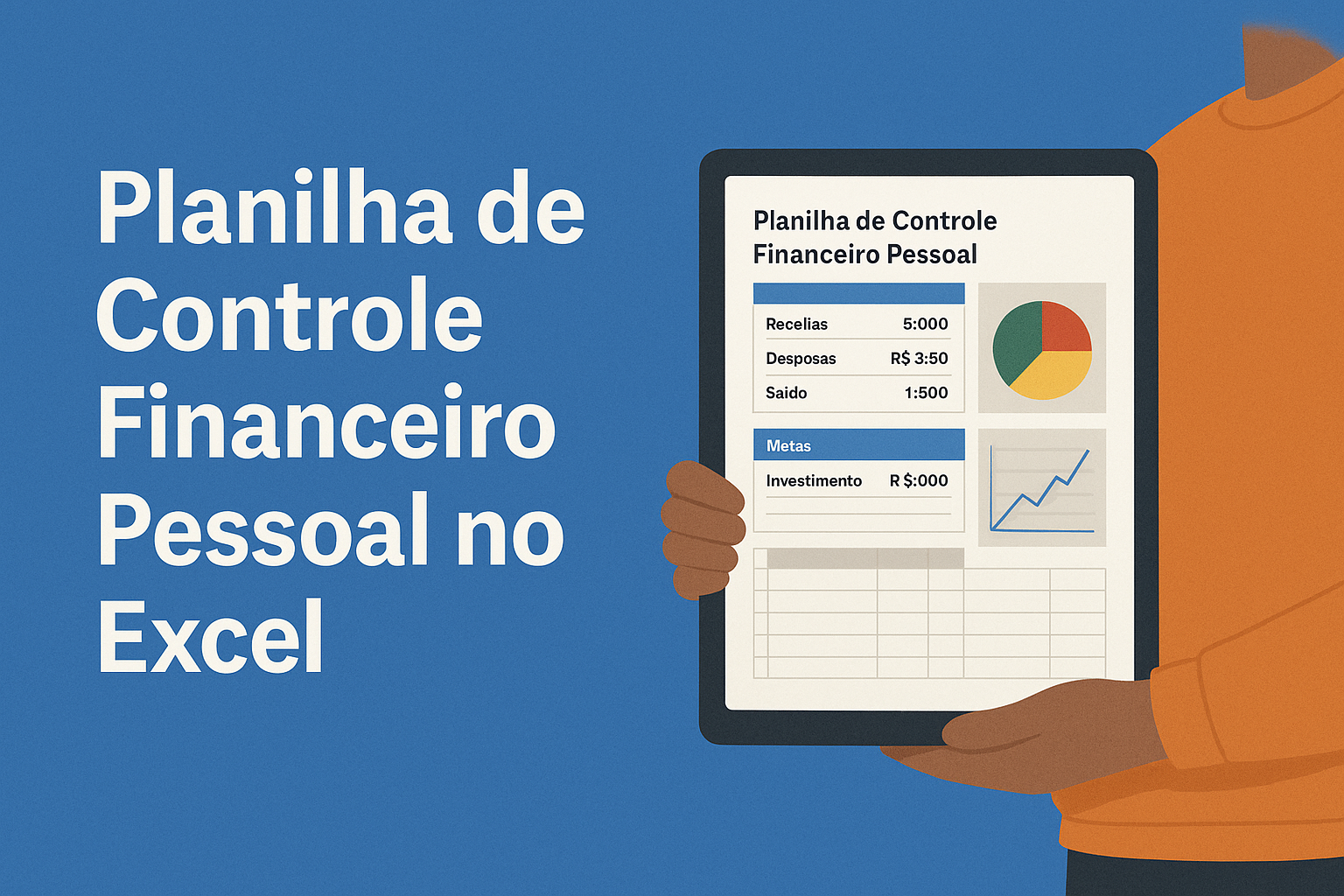 Tablet exibindo planilha de controle financeiro pessoal em Excel com receitas, despesas, saldo, metas e gráficos de pizza e linha, em fundo azul