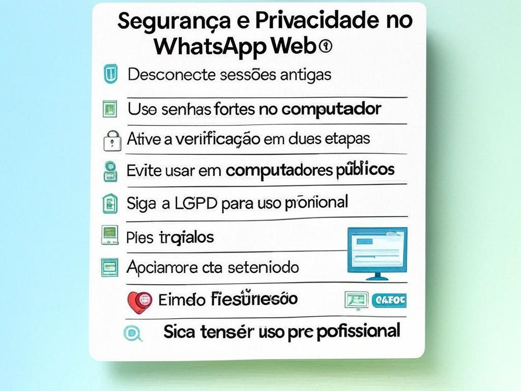 Checklist com dicas de segurança e privacidade no WhatsApp Web: verificação em duas etapas, evitar PCs públicos e seguir a LGPD
