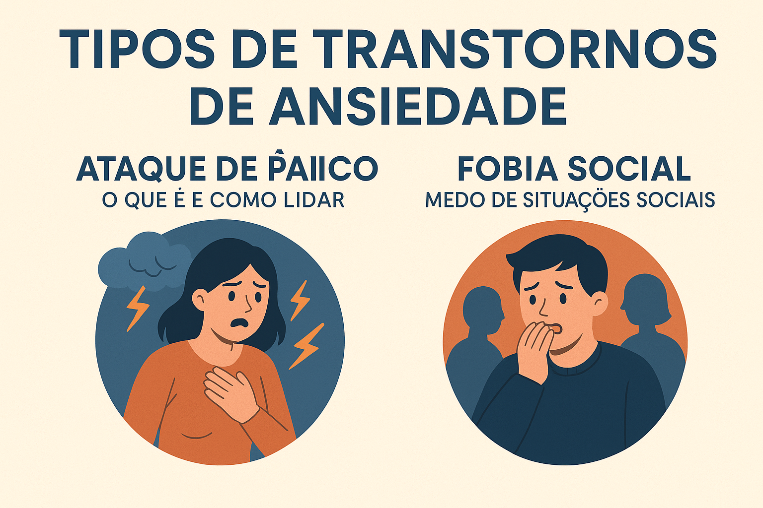 Infográfico ilustrado mostrando Ataque de Pânico e Fobia Social como principais tipos de transtornos de ansiedade, com ícones e dicas práticas de manejo