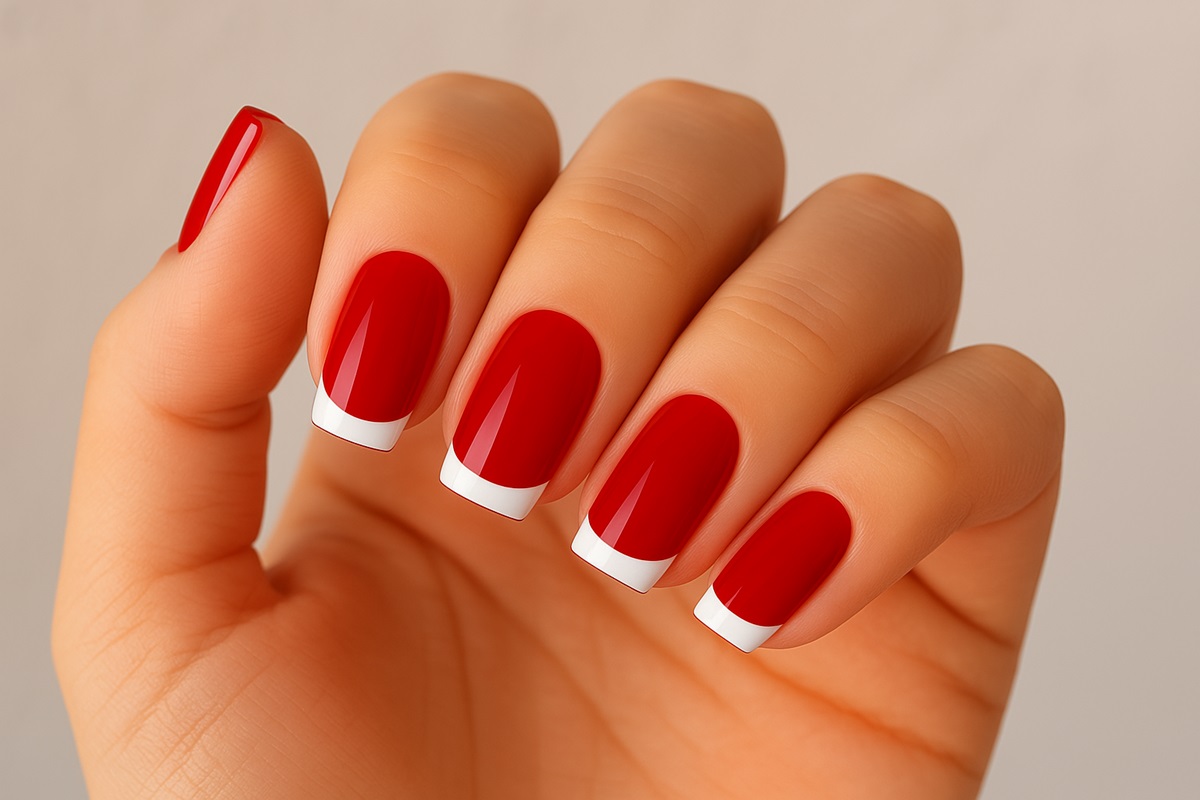 Unhas decoradas com esmalte vermelho intenso e pontas francesinhas brancas