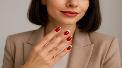 Mulher elegante exibindo unhas francesinha vermelho intenso com pontas brancas