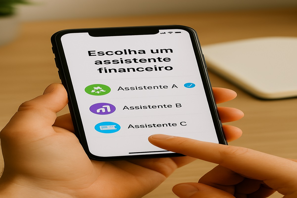 Pessoa interagindo com tela de celular para escolher entre três assistentes financeiros com ícones distintos
