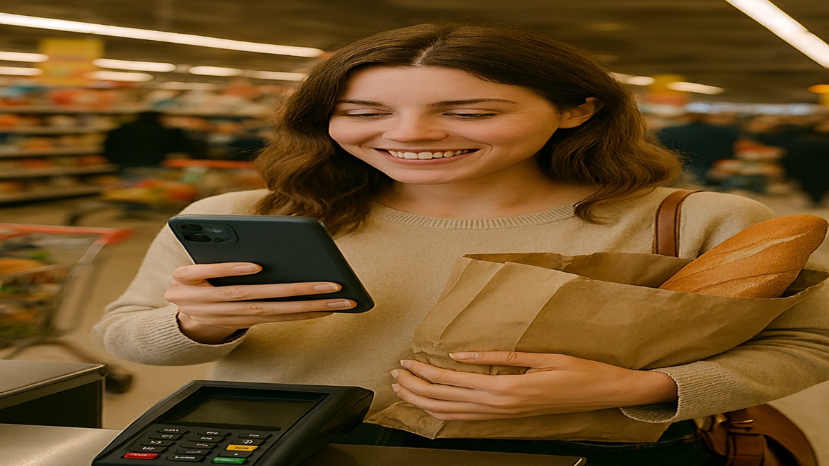Cliente sorridente em supermercado segurando celular e sacola de compras diante de máquina de pagamento. Adicionando despesa em seus assistentes financeiros