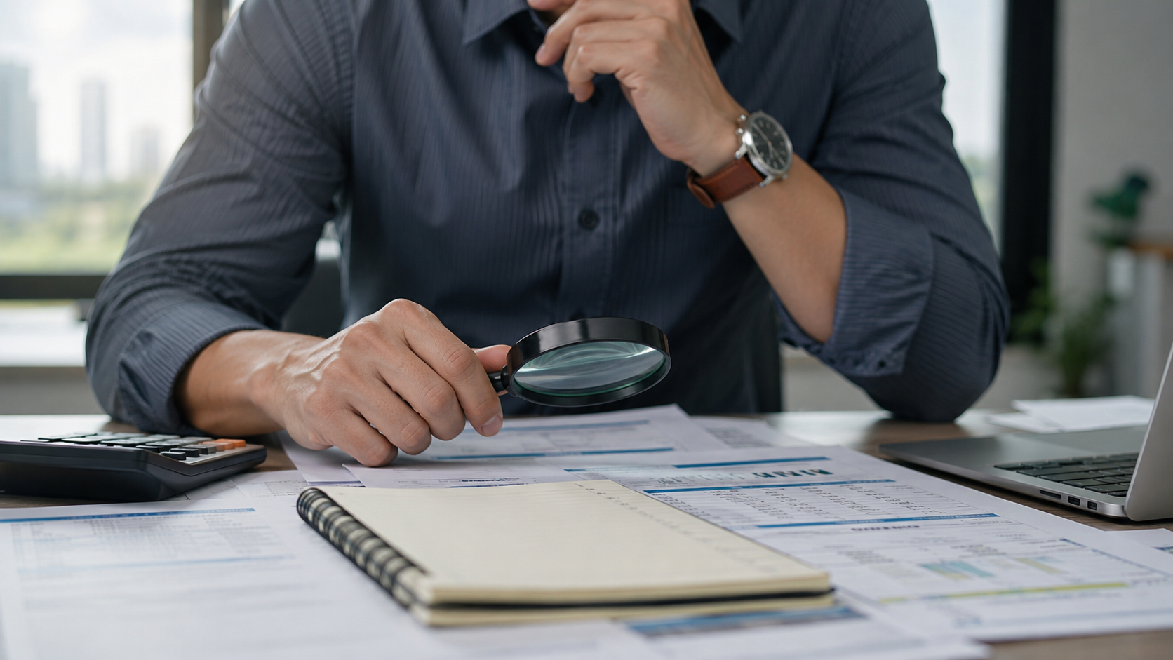 Servidor público analisando contracheque e documentos financeiros com auxílio de uma lupa, calculadora e notebook sobre a mesa, representando a identificação de descontos indevidos na folha de pagamento.
