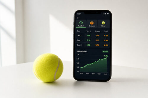 Smartphone mostrando odds de apostas e uma bola de tênis ao lado.