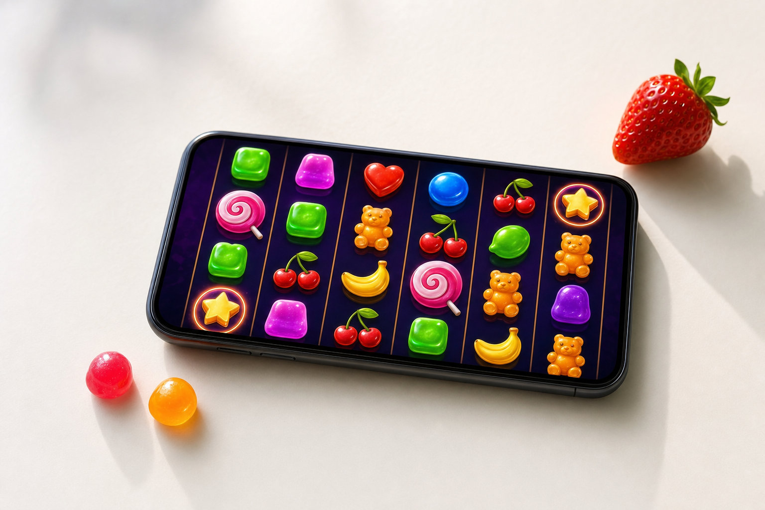 Imagem de um smartphone exibindo um jogo de caça-níqueis temático, cercado por doces coloridos.