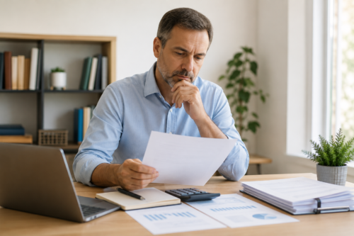 Servidor público analisando documentos previdenciários, cálculos e histórico funcional em escritório moderno, representando o planejamento previdenciário antecipado para uma aposentadoria mais segura e estratégica no serviço público.