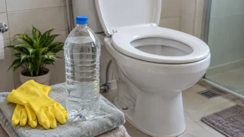 Garrafa PET e luvas de borracha próximas a um vaso sanitário