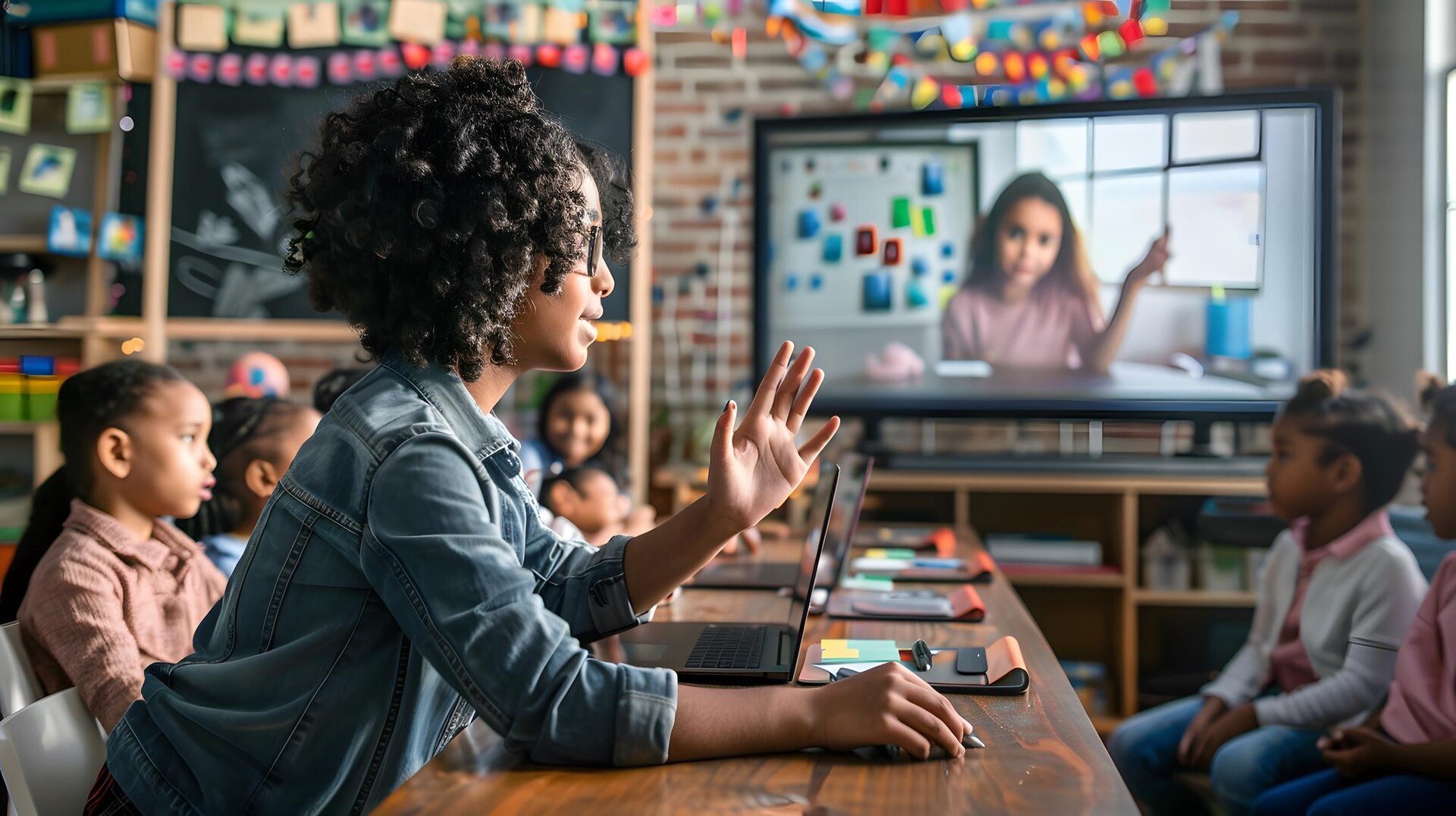 Crianças em sala de aula assistindo uma aula online com uma professora.