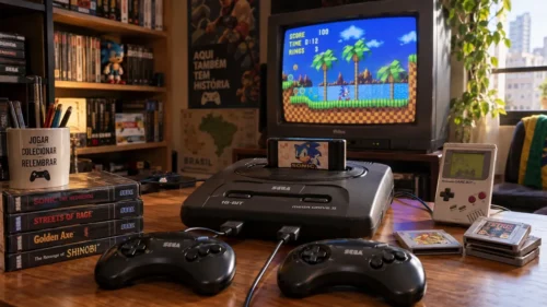 Videogames clássicos, controles e cartuchos em um espaço de retrogaming