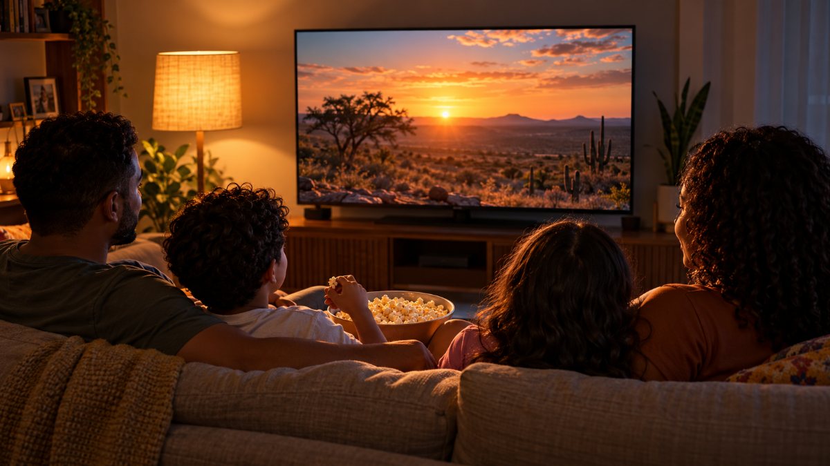 Família no sofá assistindo a um filme brasileiro na TV com pipoca